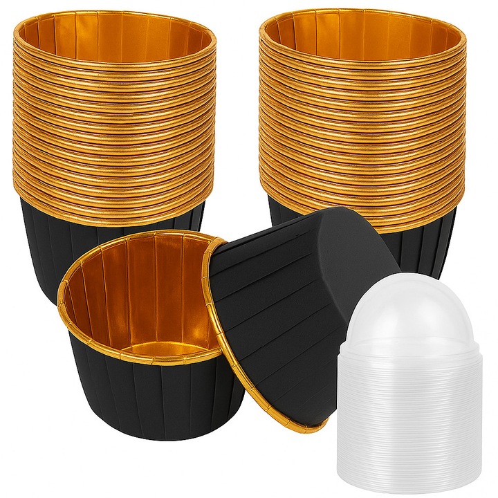 Комплект от 50 форми за печене на мъфини и кексчета + капаци, 50x40 мм, изработени от хартия и алуминий, устойчиви, черно-златисти