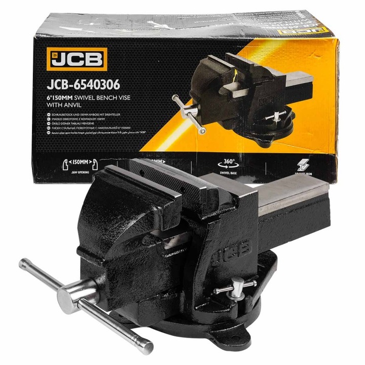 Menghina Rotativa Din Fonta Cu Nicovala, JCB, Constructie Rotativa Pentru Pozitionarea Precisa A Elementului, Nicovala De Lucru 95x40 mm, Forta Mare De Prindere Si Stabilitate Datorita Surubului Cu Diametrul De 19 mm, 490x235x205 mm, Negru, 10kg