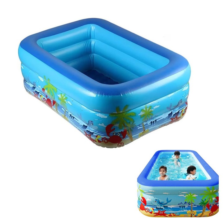 Piscina Gonflabila pentru copii, Multicolora, Dreptunghiulara, Baza moale si trei inele gonflabile, Dimensiuni 150 x 102 x 50 cm, Vinil rezistent, Gradina si Exterior, Impact Vision®