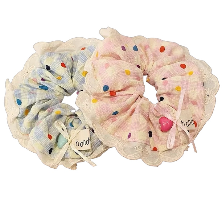 Set de 2 elastice de par cu dantela, albastru si roz, 12cm