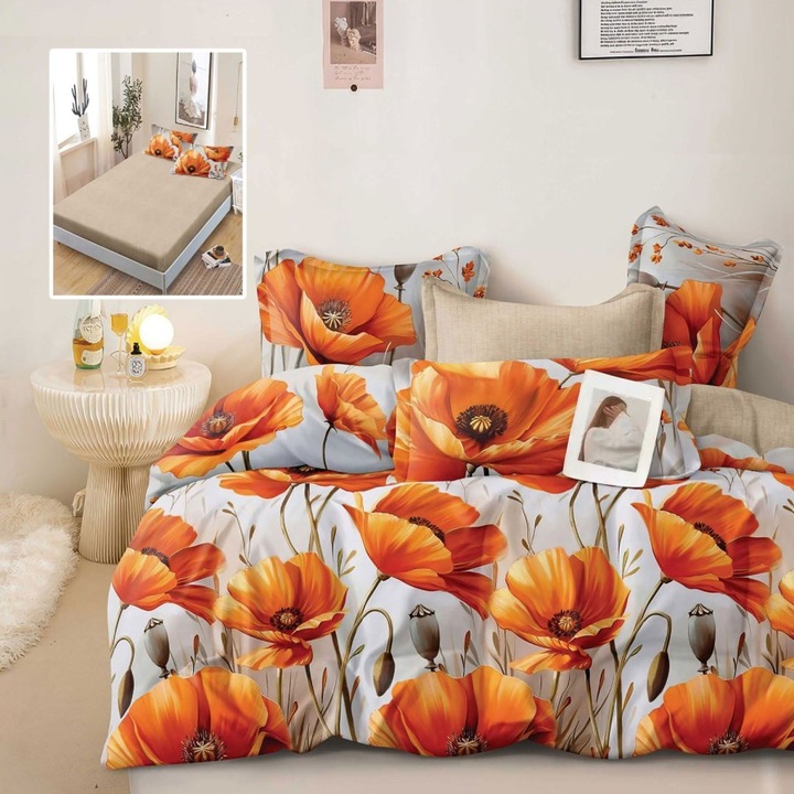 Lenjerie pat dublu din finet cu maci portocalii, cearceaf pat cu elastic 180x200 cm, 6 piese, Lenjerii Deosebite