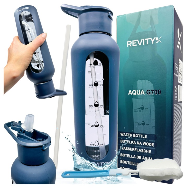 Стъклена спортна бутилка Revity с автоматична капачка и силиконов капак, 700 мл, тъмносиня