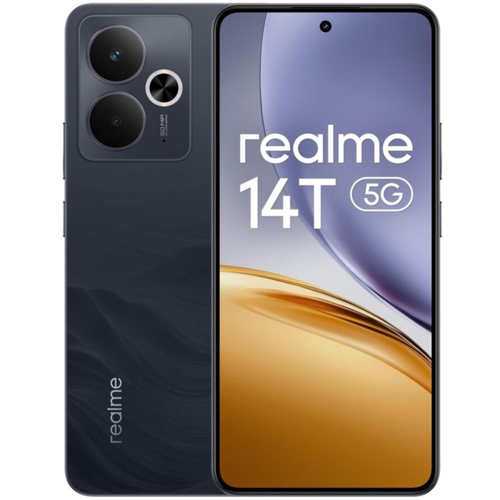 Мобилен телефон Realme 14T, процесор Mediatek Dimensity 6300 Octa-Core, AMOLED екран 6.67", 8GB RAM, 256GB Flash, двойна камера 50+2 MP, Wi-Fi, 5G, две SIM карти, Android, черен