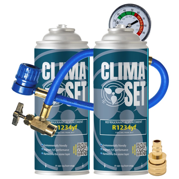 Комплект ClimaSet с 2 тубички хладилен агентм R1234yf, 170 г, с манометър и адаптер