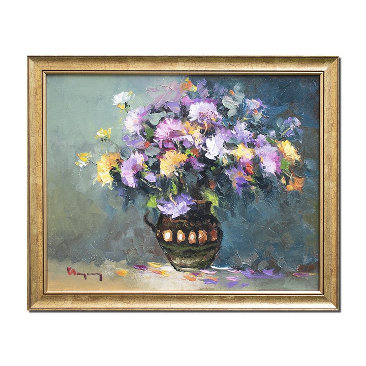 Tablou cu flori multicolore pictat manual inramat, Beatitudine, 55x45cm ulei pe panza, rama din lemn, Geo Ungureanu