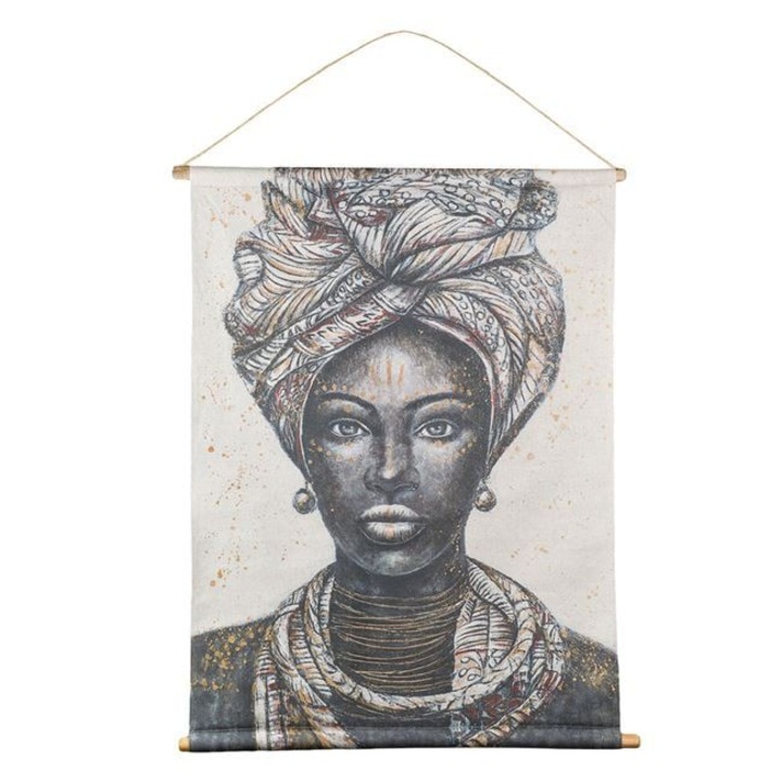 Tablou Textil Etnic ”Figura Alb Neagra de Femeie” cu Suporturi din Lemn 76x97cm