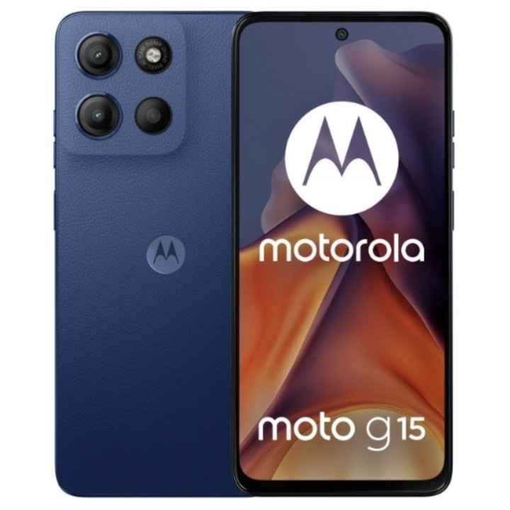 Motorola Moto E15 mobiltelefon, Mediatek Helio G81 Extreme nyolcmagos processzor, 6,67"-es IPS LCD kapacitív érintőképernyő, 2 GB RAM, 64 GB flash, 32 MP kamera, Wi-Fi, 4G, Dual SIM, Android, Denim Blue