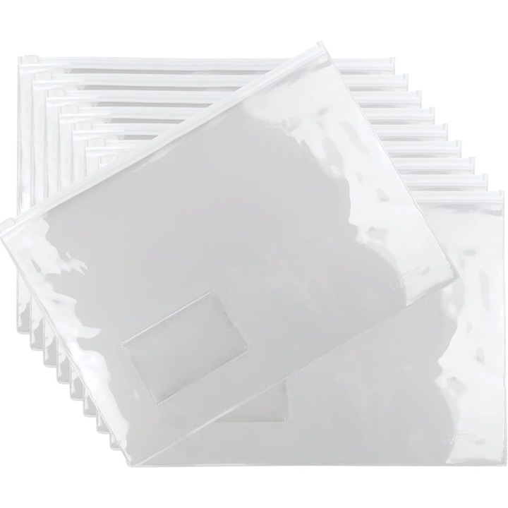 Set Huse Pentru Documente PP A4, Netuno, Polipropilena, Cu Fermoar Si Buzunar Pentru Etichete, Rezistenta La Uzura Si Ruperetransparent, 10 buc