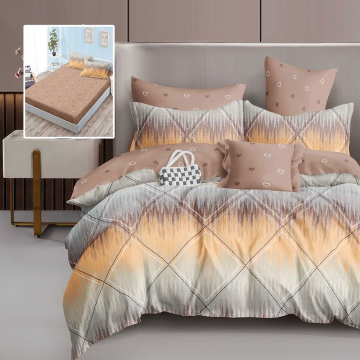 Lenjerie de pat dublu, Lenjerii Deosebite, finet geometric auriu, 6 piese, cearceaf pat cu elastic 180x200cm