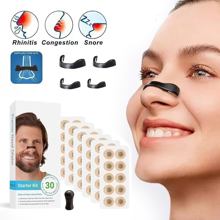 Dilatator nazal antisforait magnetic QELIRA® – kit complet pentru somn linistit, cu 60 plasturi antisforait magnetici, 4 benzi reutilizabile (marimi diferite) si aplicator magnetic