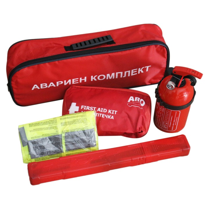 Авариен комплект за автомобил Emzone, Автоаптечка, С пожарогасител, Светлоотразителна жилетка, Триъгълник