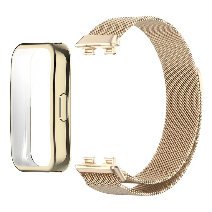 Huawei Band 8 / Band 9 okosórához való szíj- és karkötővédő szett, mágneses zárral, pezsgőarany