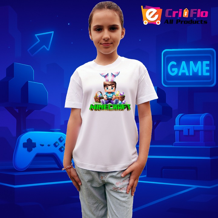 Tricou copii cu Minecraft Vanatorul De Oua, Alb