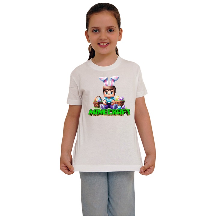 Tricou copii cu Minecraft Vanatorul De Oua, Alb