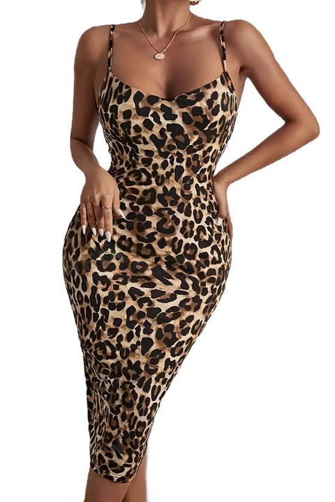 Rochie leopard midi, bodycon, cu bretele, crapatura la spate