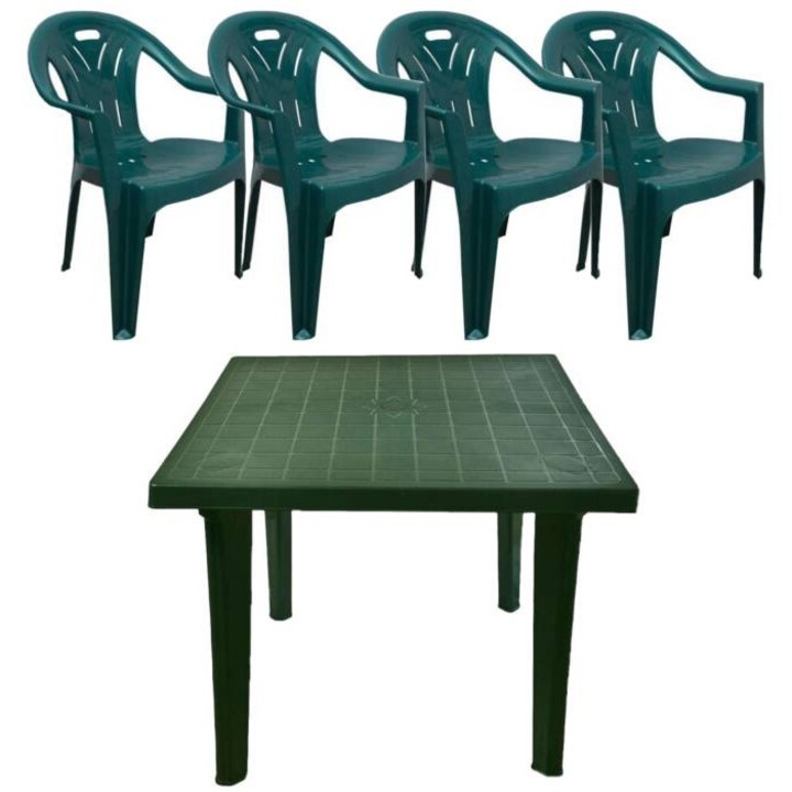 Комплект градински маси, зелени с 4 СТОЛА, 90 x 90 x 72 см, изработени от висококачествена, UV устойчива пластмаса