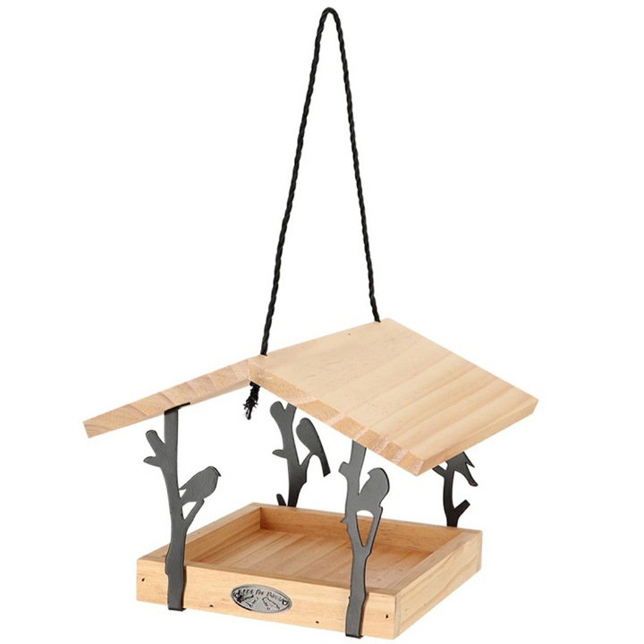 Feeder Pentru Pasari, Esschert Design, 24.5x24.5x18.3 cm, Negru, Maro, Lemn De Pin, Fier, Nylon, Destinat Utilizarii In Exterior