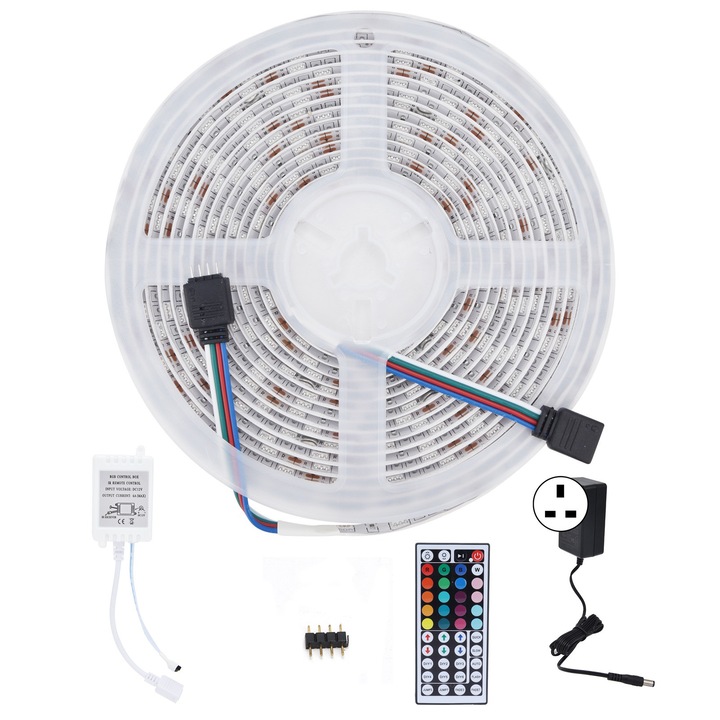 LED светлинна лента 4,8 м, с дистанционно управление, 44 регулируеми бутона, 5050, 300 светодиода, RGBW, водоустойчива, с въже, UK щепсел, 100-240 V