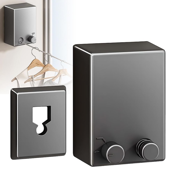 4.2 m franghie retractabila pentru interior in aer liber, care nu se lasa, linie de rufe pentru uscare rufe rezistente, montata pe perete, linie din otel inoxidabil, WALALLA, negru