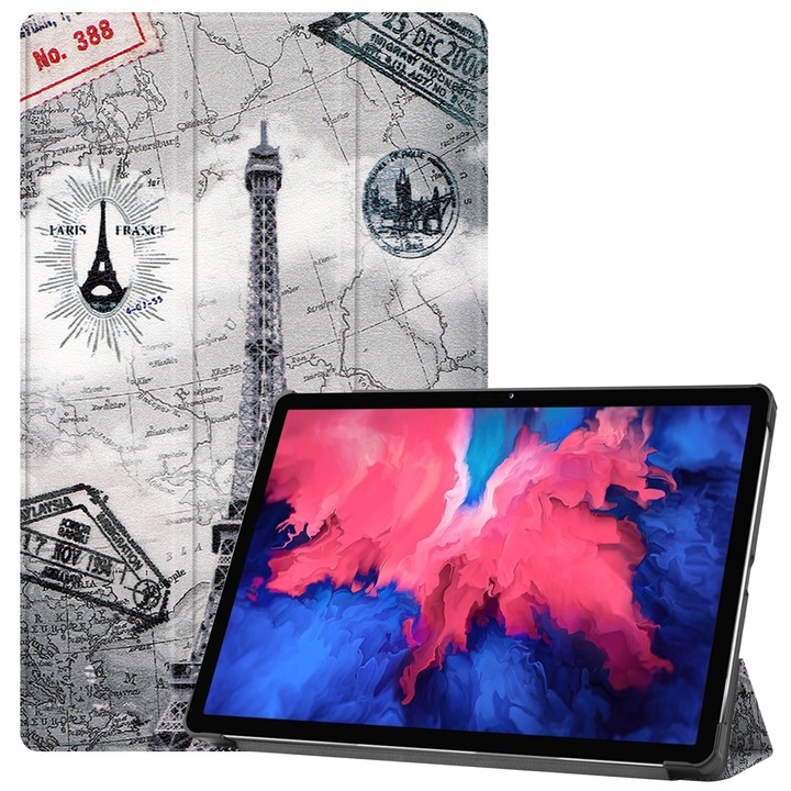 Husa tableta pentru Lenovo Tab P11 TB-J606F / TB-J607Z, piele smart cu pictura in 3 pliuri, suport pentru vizionare, capac magnetic, albastru intunecat