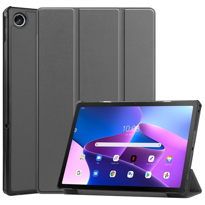 Husa tableta pentru Lenovo Tab M10 Plus 10.6 3rd Gen 2022, textura custer, 3 plieri cu suport, piele inteligenta, Gri