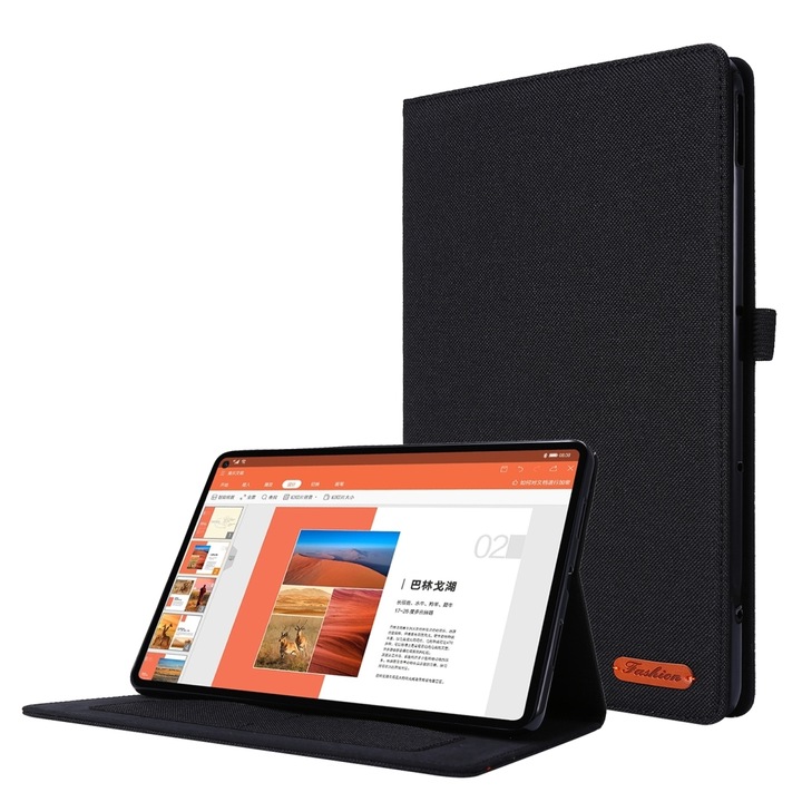Husa tableta pentru Huawei Matepad Pro 10.8, material panza + TPU, tip plat de protectie cu clip pentru carduri de vizita (Negru)