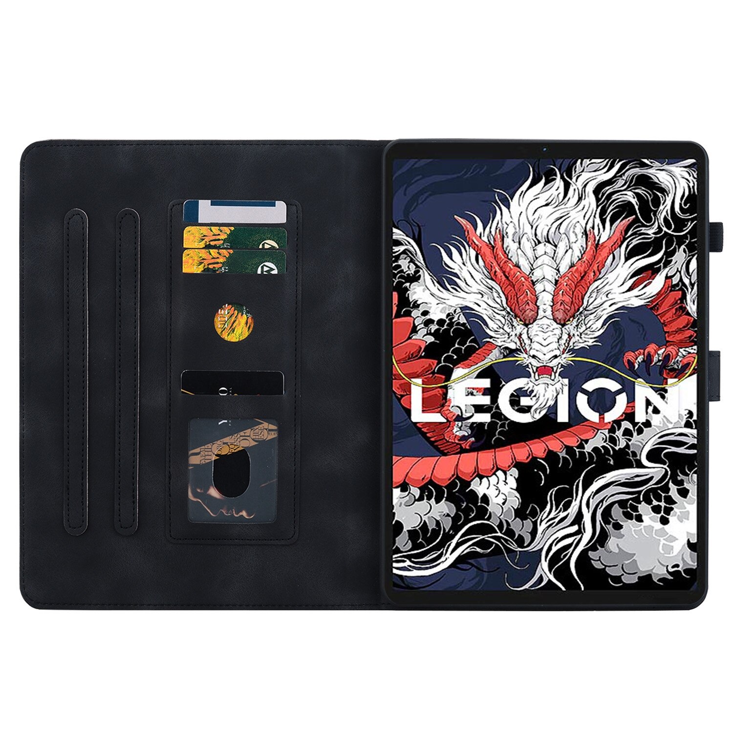 Husa tableta pentru Lenovo Legion Y700 2025, piele PU gravata cu crini, tip carte cu suport, inchidere magnetica, auto sleep/wake, acces complet la porturi, negru