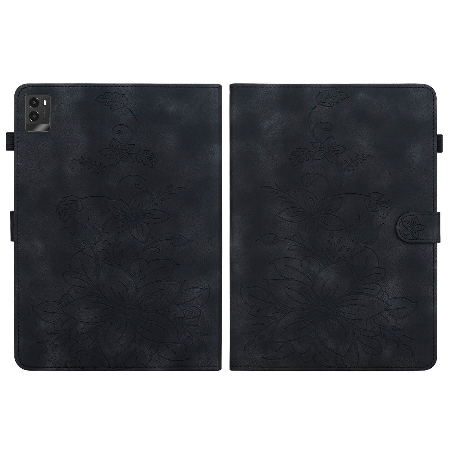 Husa tableta pentru Lenovo Legion Y700 2025, piele PU gravata cu crini, tip carte cu suport, inchidere magnetica, auto sleep/wake, acces complet la porturi, negru