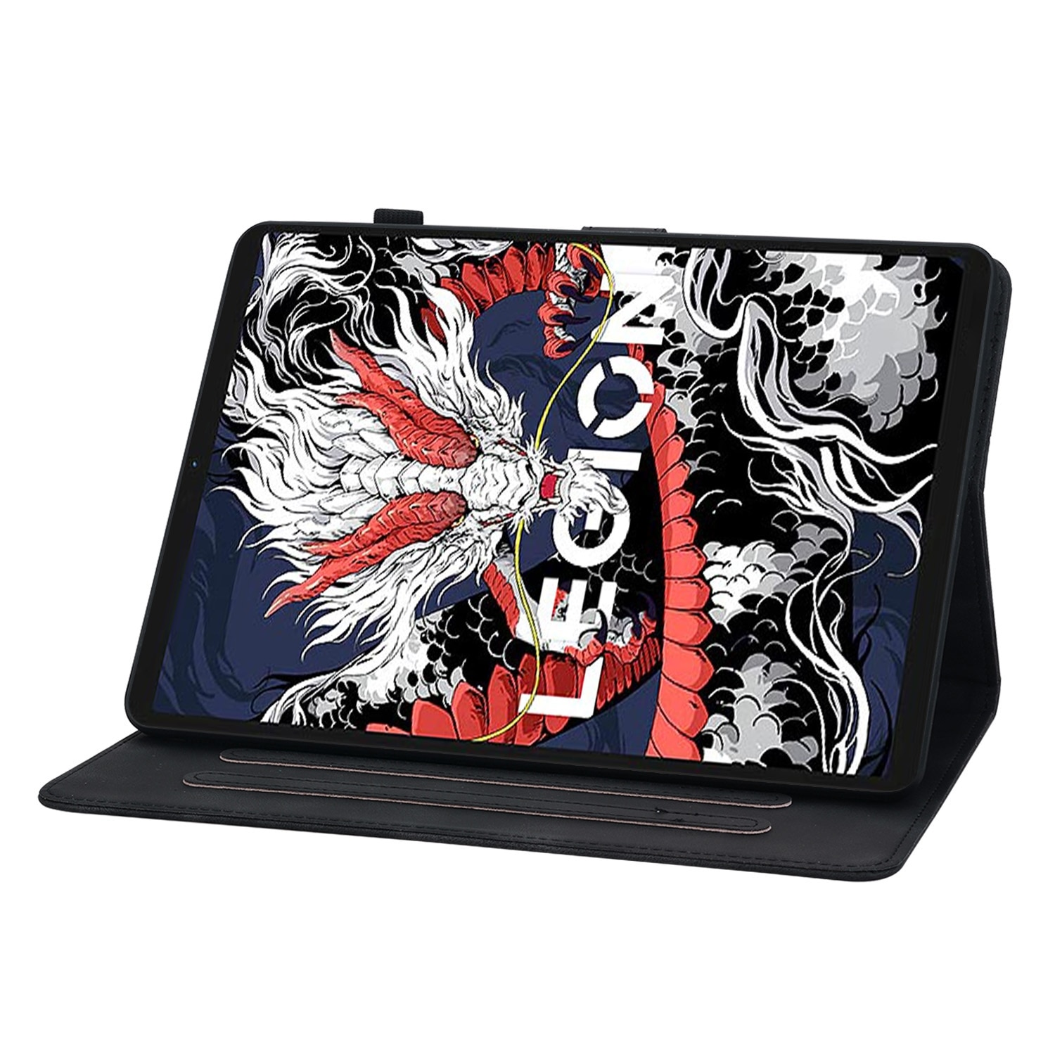 Husa tableta pentru Lenovo Legion Y700 2025, piele PU gravata cu crini, tip carte cu suport, inchidere magnetica, auto sleep/wake, acces complet la porturi, negru