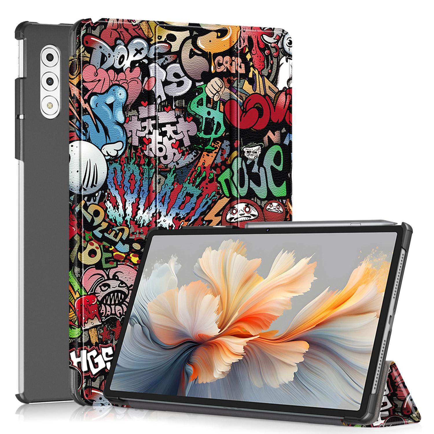 Husa tableta pentru Lenovo Yoga Tab Plus, piele PU, design cu desene colorate, pliere inteligenta in 3, inchidere magnetica, compatibila cu modelul Yoga Tab Plus, graffiti