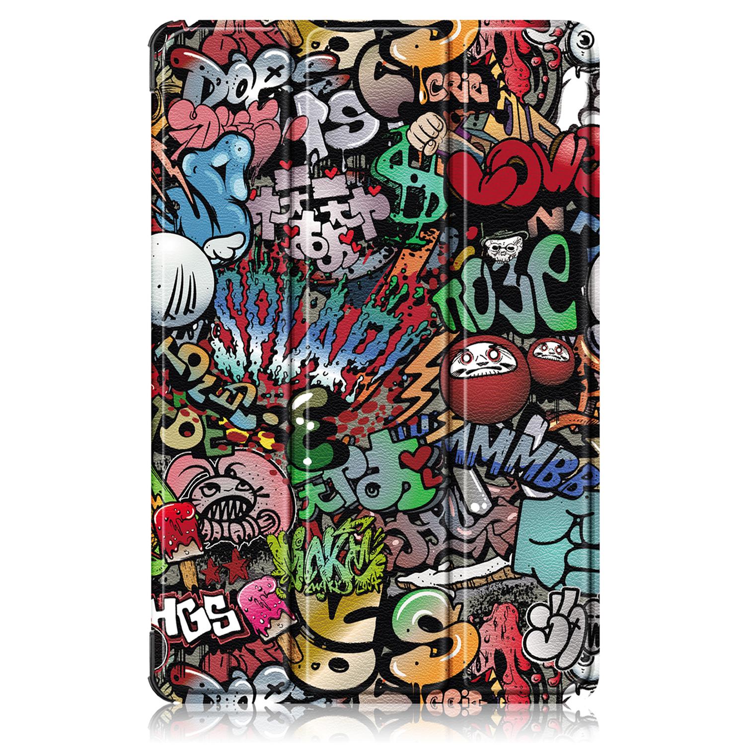 Husa tableta pentru Lenovo Yoga Tab Plus, piele PU, design cu desene colorate, pliere inteligenta in 3, inchidere magnetica, compatibila cu modelul Yoga Tab Plus, graffiti