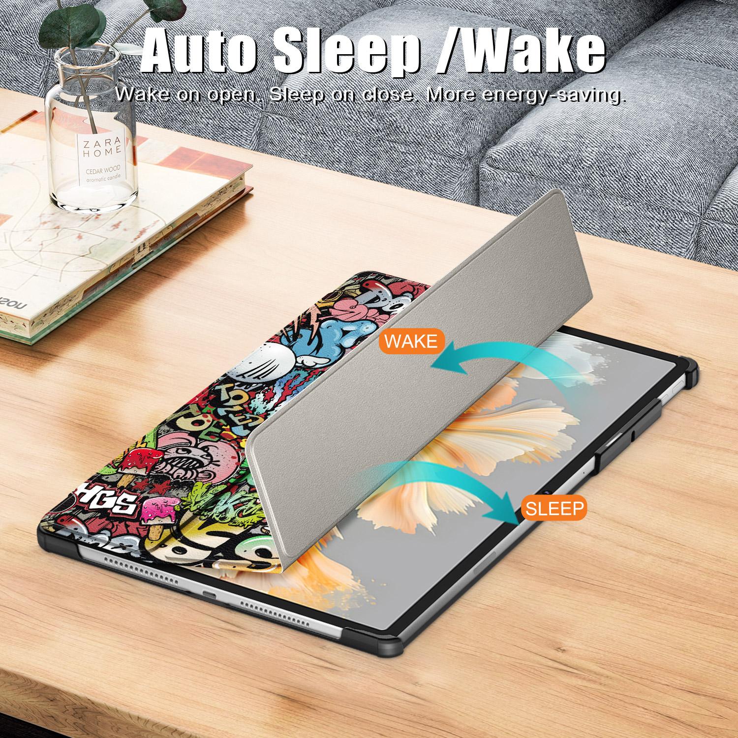 Husa tableta pentru Lenovo Yoga Tab Plus, piele PU, design cu desene colorate, pliere inteligenta in 3, inchidere magnetica, compatibila cu modelul Yoga Tab Plus, graffiti