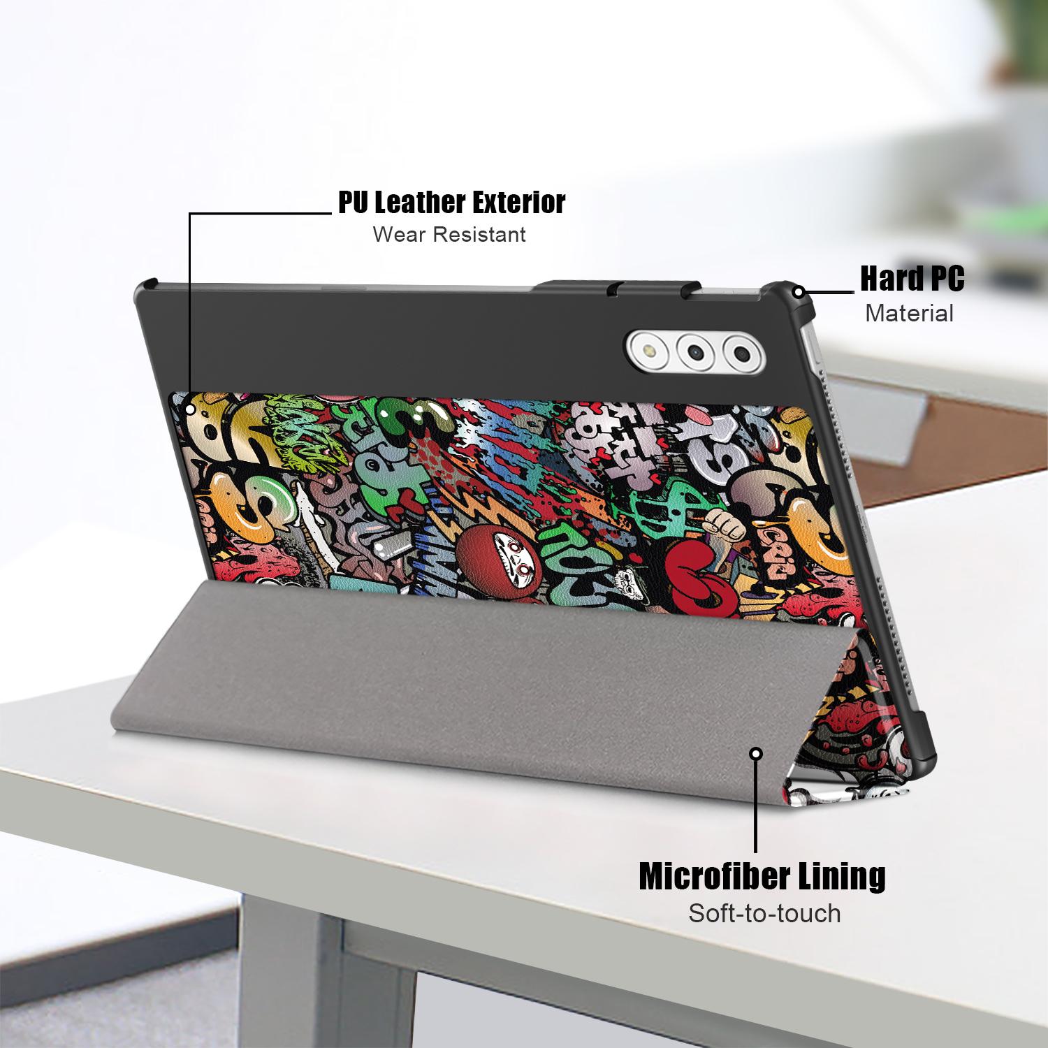 Husa tableta pentru Lenovo Yoga Tab Plus, piele PU, design cu desene colorate, pliere inteligenta in 3, inchidere magnetica, compatibila cu modelul Yoga Tab Plus, graffiti