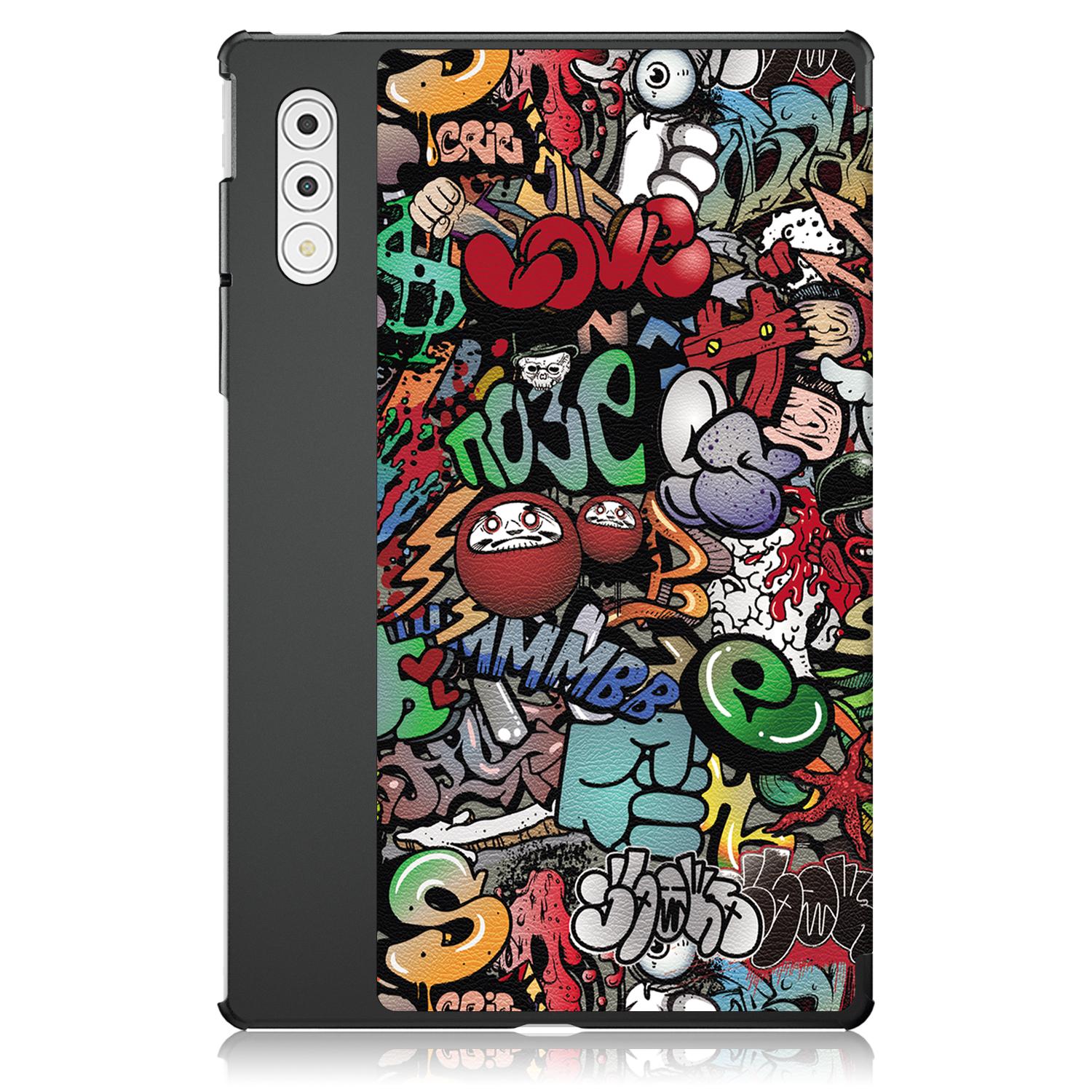 Husa tableta pentru Lenovo Yoga Tab Plus, piele PU, design cu desene colorate, pliere inteligenta in 3, inchidere magnetica, compatibila cu modelul Yoga Tab Plus, graffiti