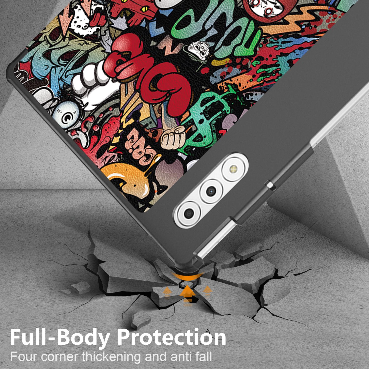 Husa tableta pentru Lenovo Yoga Tab Plus, piele PU, design cu desene colorate, pliere inteligenta in 3, inchidere magnetica, compatibila cu modelul Yoga Tab Plus, graffiti