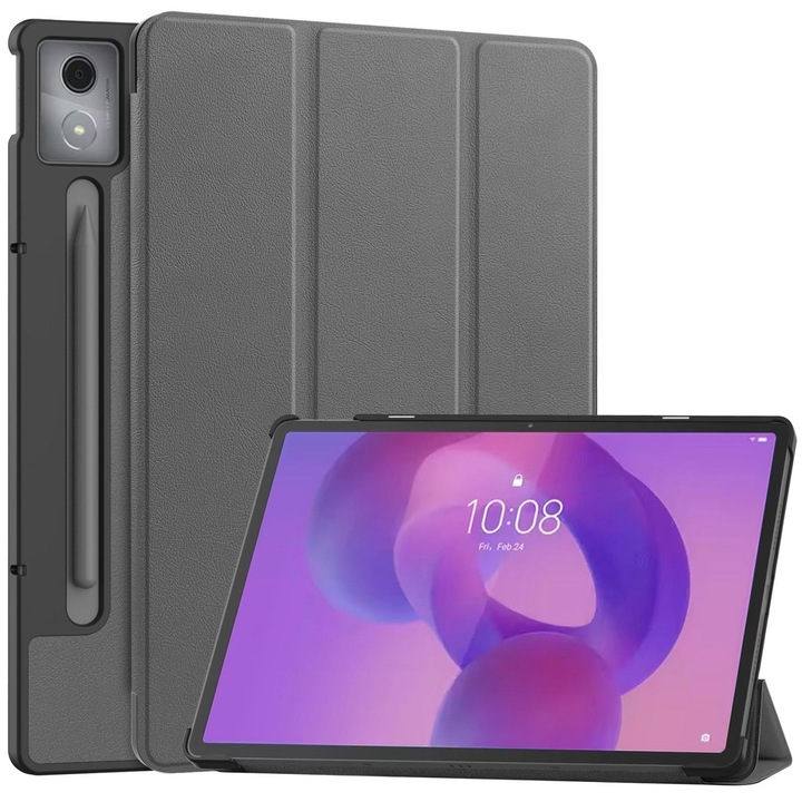Lenovo Idea Tab Pro tablet tok, bársony textúrájú, könyv alakú, állvánnyal, 3-szor összecsukható, okos bőr borítású, szürke
