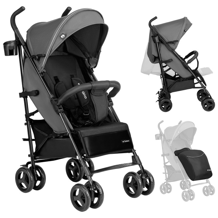 Детска количка Tulano Davos 35, регулируема облегалка, амортисьорни колела, сива