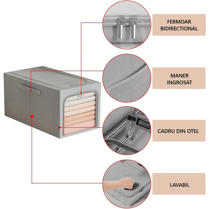 Cutie de Depozitare, OEM, 49L, din In si Bumbac, Pliabila, Cadru din Otel, 47 x 35 x 30 cm, Albastru Fumuriu
