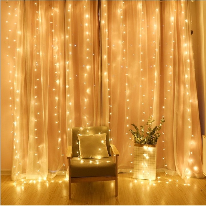 Függöny típusú karácsonyi telepítés kültéri IP44, 4 mx 2 m, 480 LED, meleg fehér, vakuval, Összeköthető, Átlátszó szilikon kábel, 3 m-es hosszabbító, Beltéri / Kültéri