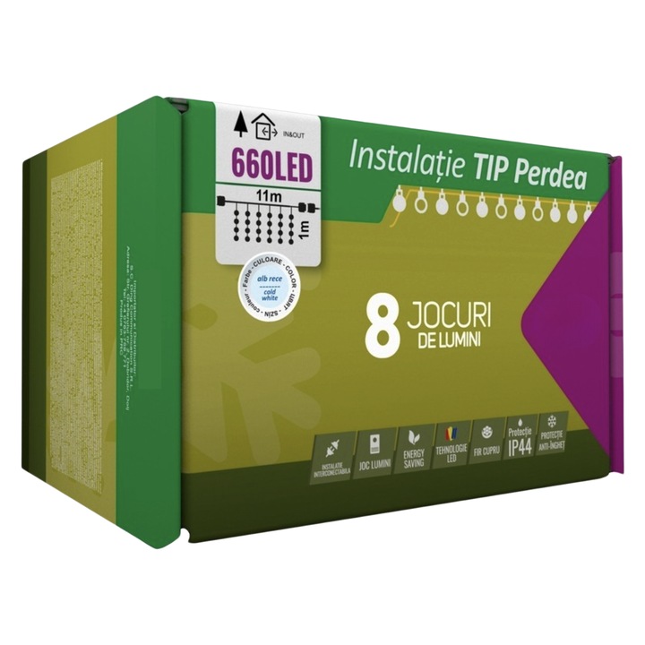 Instalatie Craciun, Tip Perdea, IP44, 11 m x 1 m, 660 LED-uri, Alb Rece, 8 Jocuri de Lumini, Transformator, Interconectabila, Prelungitor 3 m inclus, Fir transparent, Interior/ Exterior, Pentru Casa si Gradina