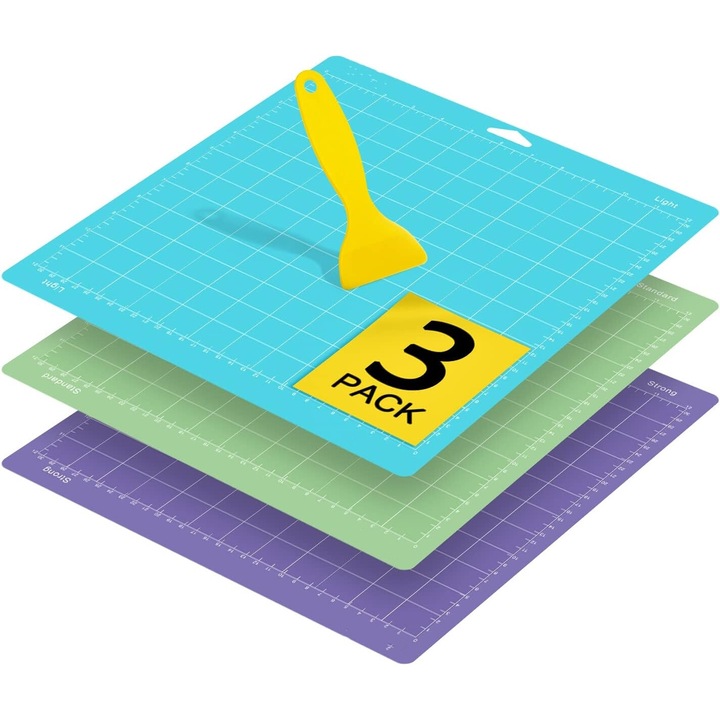 Set 3 Cricut Cameo Cutting Mat, PVC, 12''x12'' cu Racleta, Multicolor