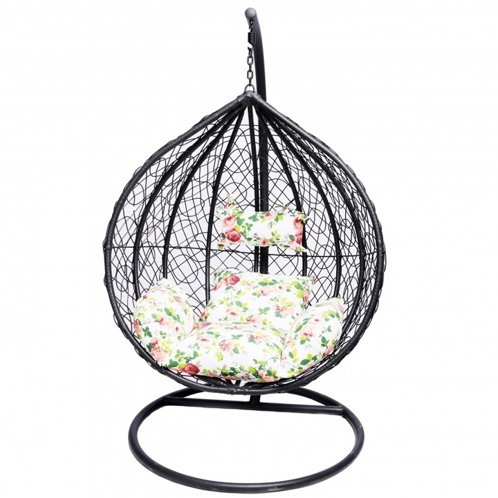 Leagan de gradina tip cuib DeHome® Sun 20 negru, suport si perna inclusa, greutate suportata 150 kg