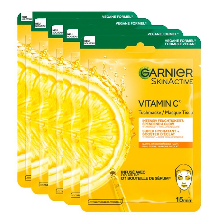 Masti hidratante Garnier set 5x1, pentru ten sensibil, cu acid hialuronic, vitamina C