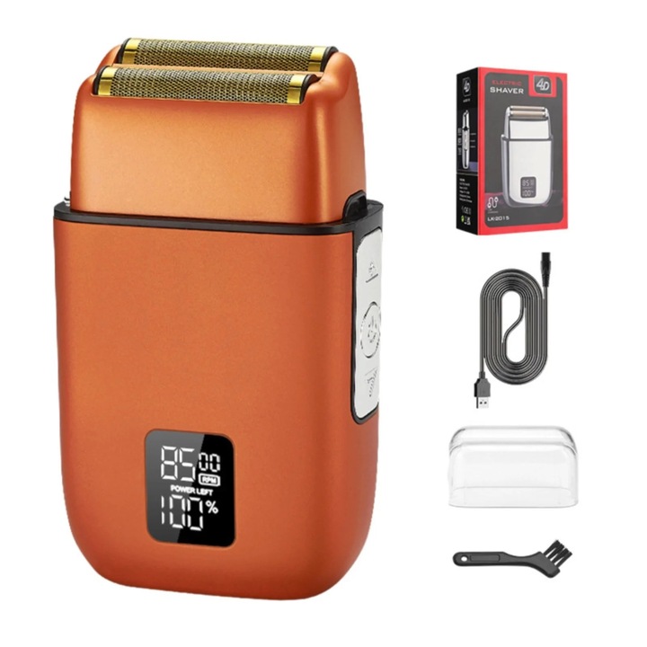 YANYXR BCS3128070 elektromos borotva, titán fólia, 3 állítható sebesség, újratölthető, LED kijelző, IPX6, 90 perc üzemidő, narancssárga