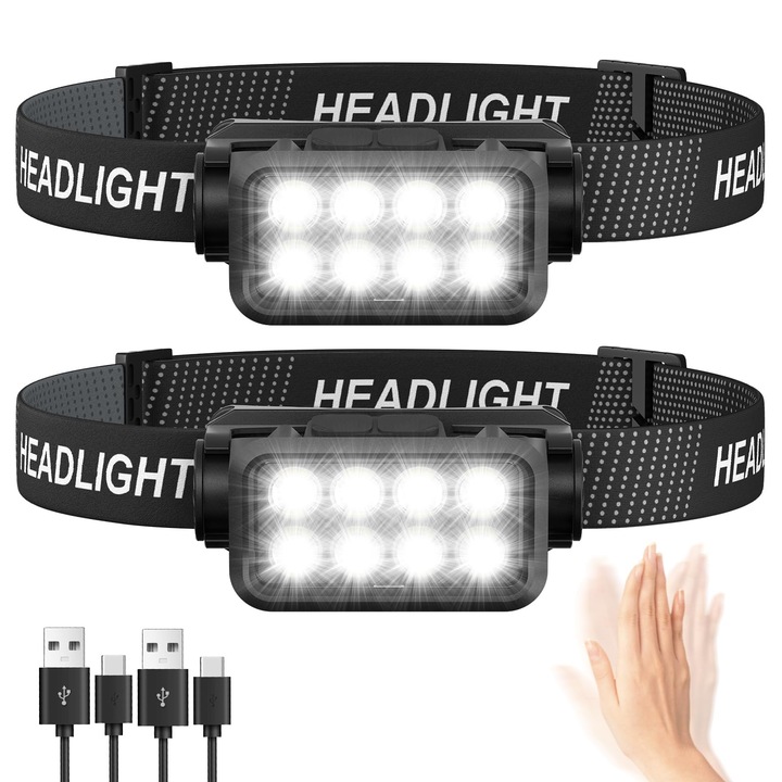 2 darabos fejlámpa szett, HNSMART, 8 LED, vízálló, fekete