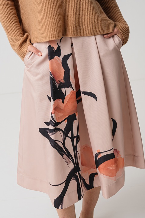 Max&Co, Fusta evazata cu imprimeu floral si buzunare, Negru, Portocaliu persan, 42