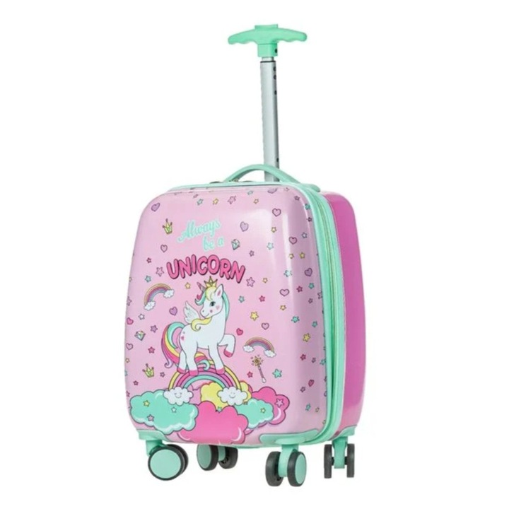 Valiza /Troler pentru Copii, model unicorn, roz, copolimer ABS, 22L, 30x21x50cm