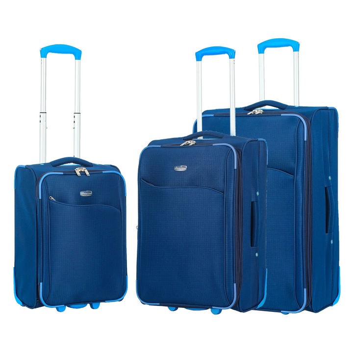 Комплект куфари, Madisson SW233, полиестер, 1 кабинен багаж и 2 регистрирани багажа, разтегателни, 2 колела, Тъмносин