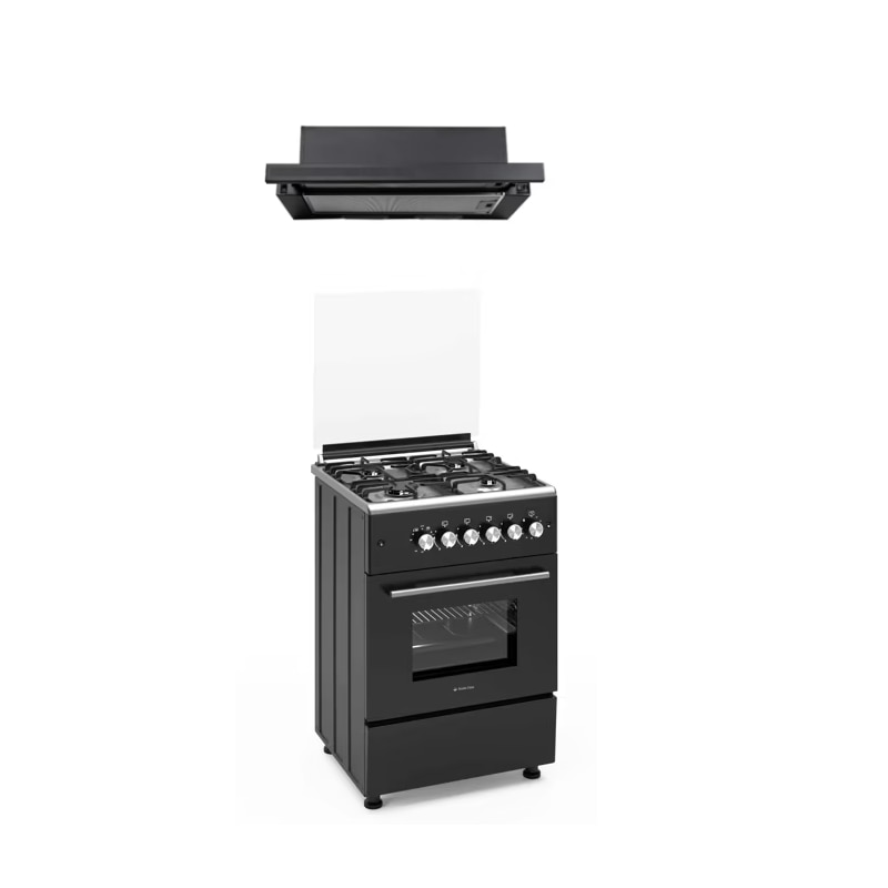 Pachet aragaz clasic 4 arzatoare gaz Studio Casa Duo Marco si Hota telescopica, Cuptor gaz, 57 x 57 cm, Rotisor, Ventilator, Grill gaz, Aprindere electrica, Gratare fonta, Negru
