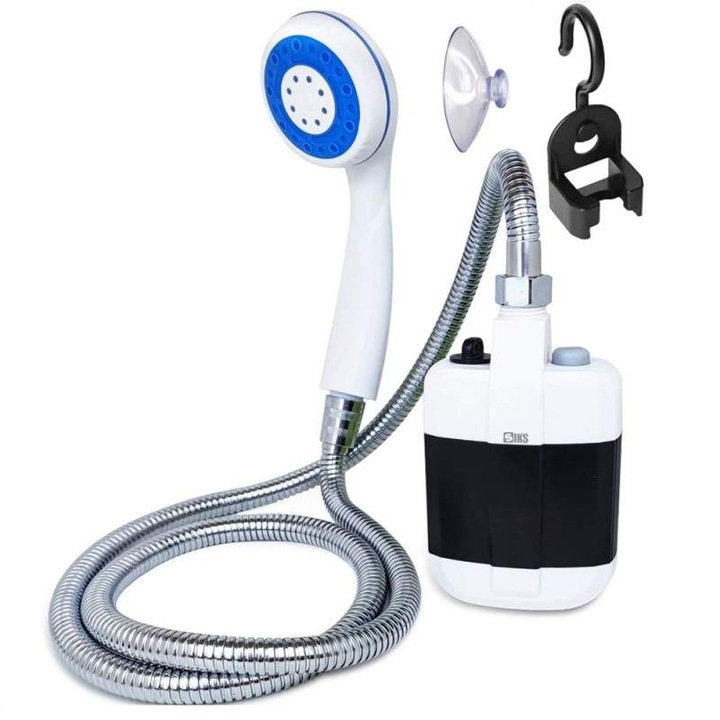 Dus Portabil Electric SIKS Pentru Camping Cu Pompa, Baterie Cu Autonomie 2200 mAh, Potrivit Pentru Dus Interior/Exterior, Spalarea Animalelor si Masinilor, Furtun 1.5 Metri, Alb